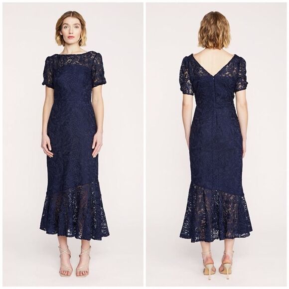 Kay Unger Portia Tea Length Dress in Midnight Blue 6 $308
